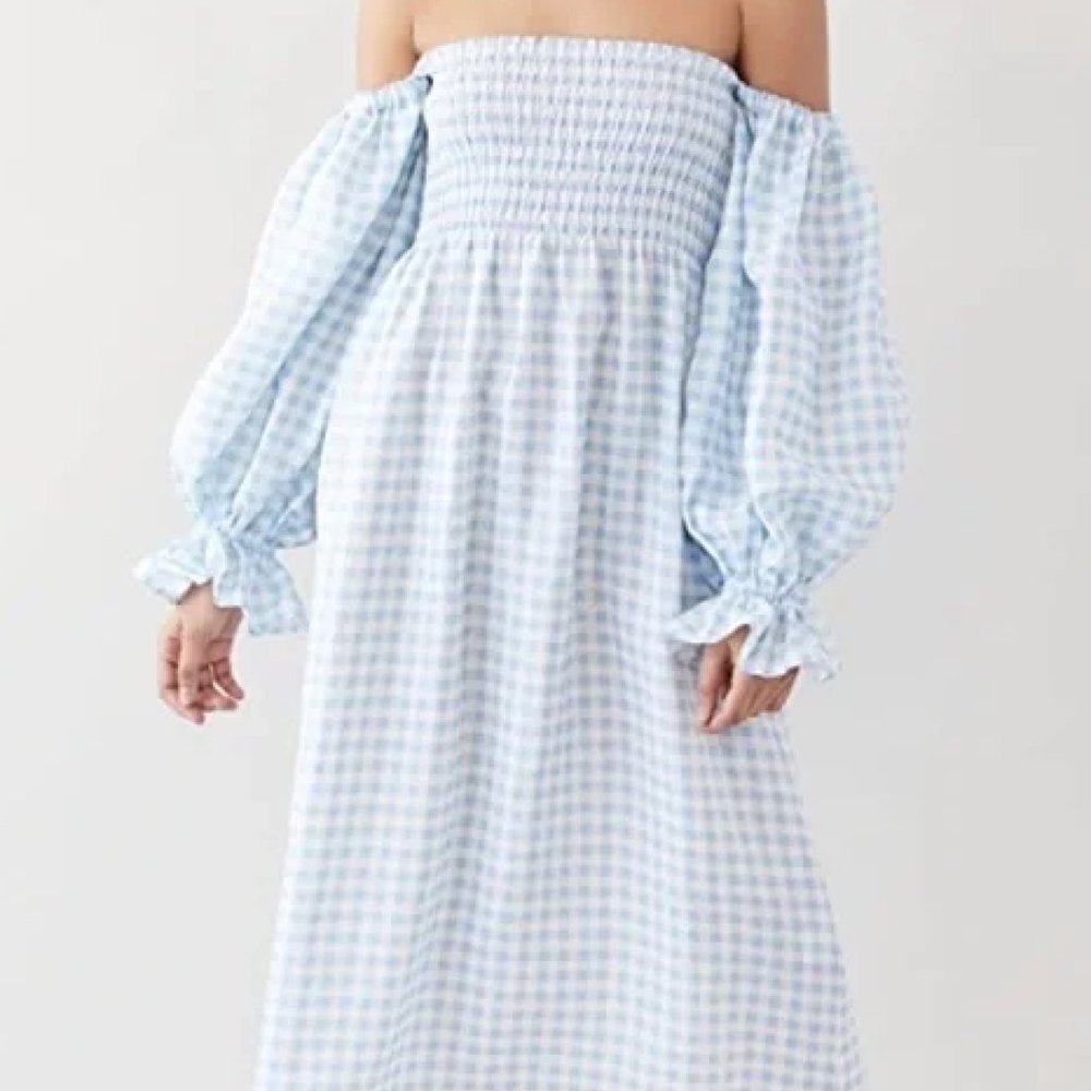 Sleeper Atlanta Linen Vichy Blue Gingham Plaid Puff Sleeve Dress, A-line dress,